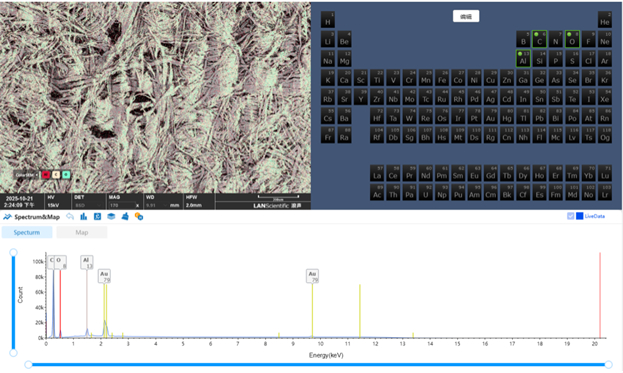 EDS‑спектр и псевдоцветная карта распределения элементов для особо мягкой туалетной бумаги (без Ca)